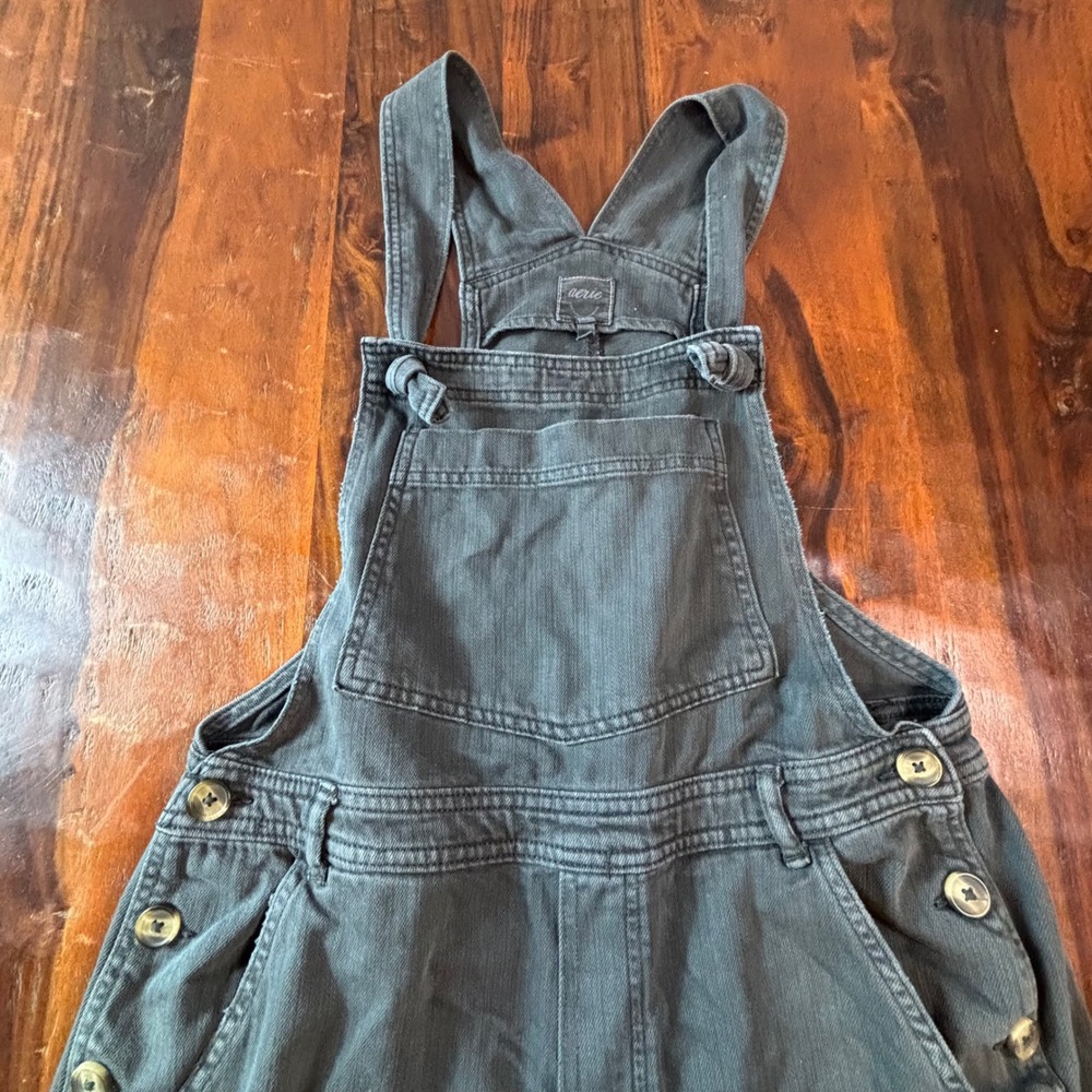 Aerie Womens Wide Leg Denim Overalls Charcoal Gray Raw Hem Button Side Bib Front - Picture 5 of 9